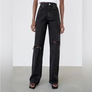 Zara High Waisted Distressed Ripped Knee Wide Leg Full Length Jeans In Black 8
